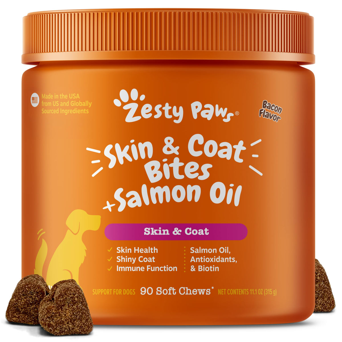 Zesty Paws aceite de salmón para perros en botella para piel y pelaje sanos.