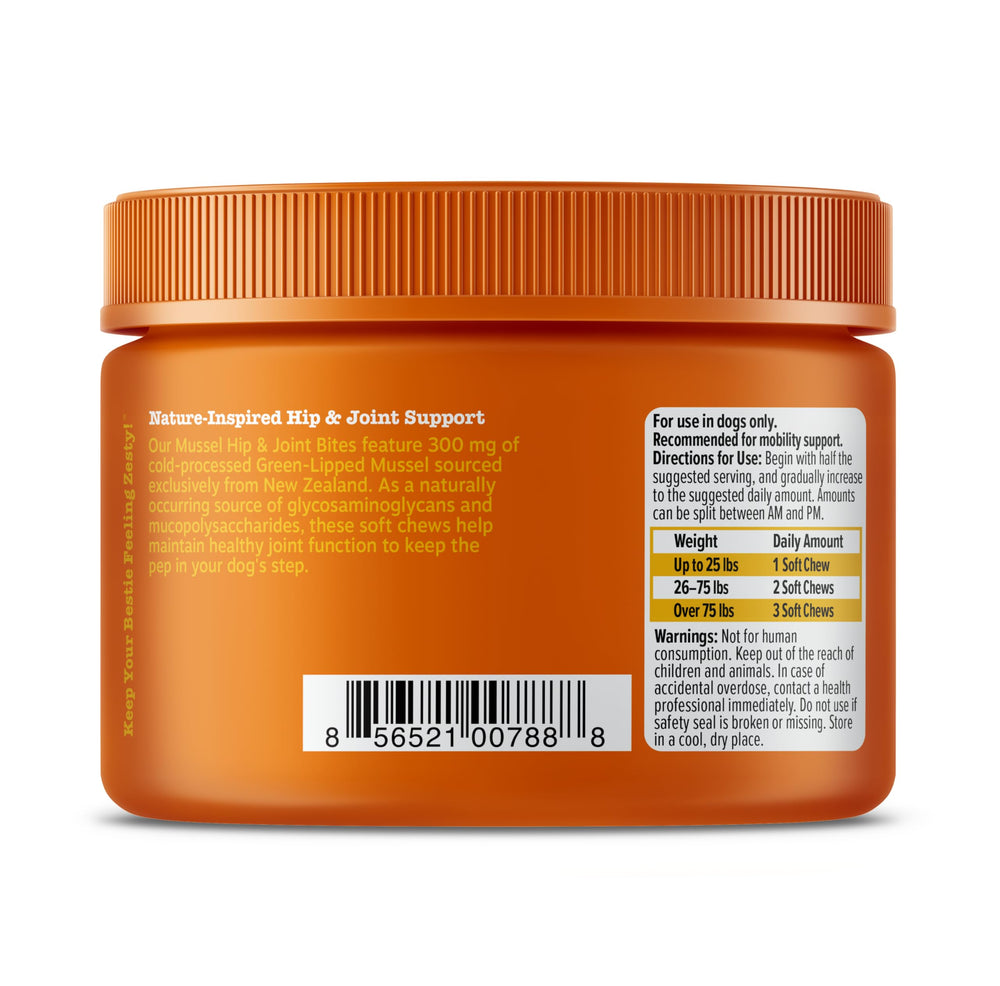 Zesty Paws Mussel Mobility Bites envase de 90 piezas.