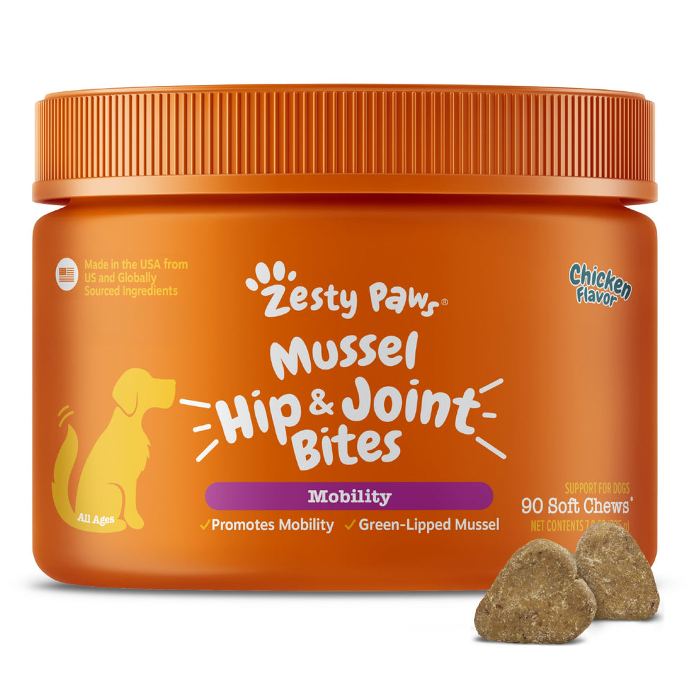 Zesty Paws Mussel Mobility Bites: empaque visible para movilidad diaria.