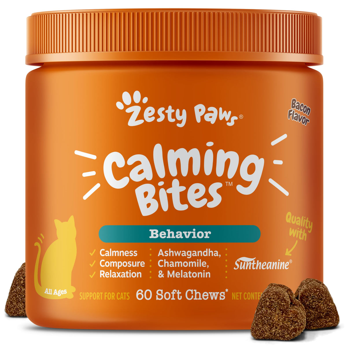 Zesty Paws bocado calmante para gatos con sabor tocino, posible relajación diaria.