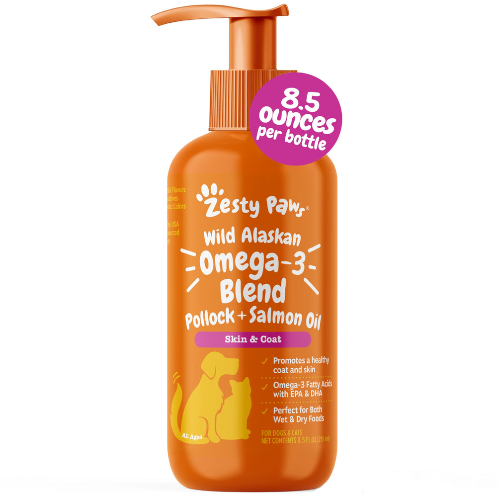 Zesty Paws Aceite de Pescado Wild Alaskan en bote para pelaje brillante.