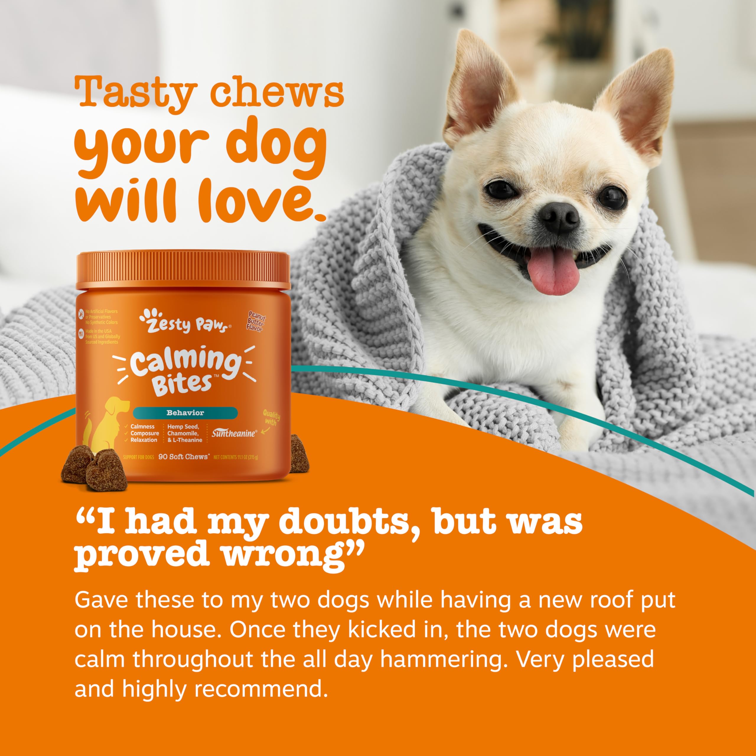 Zesty Paws masticables calmantes: envase con dosificación diaria