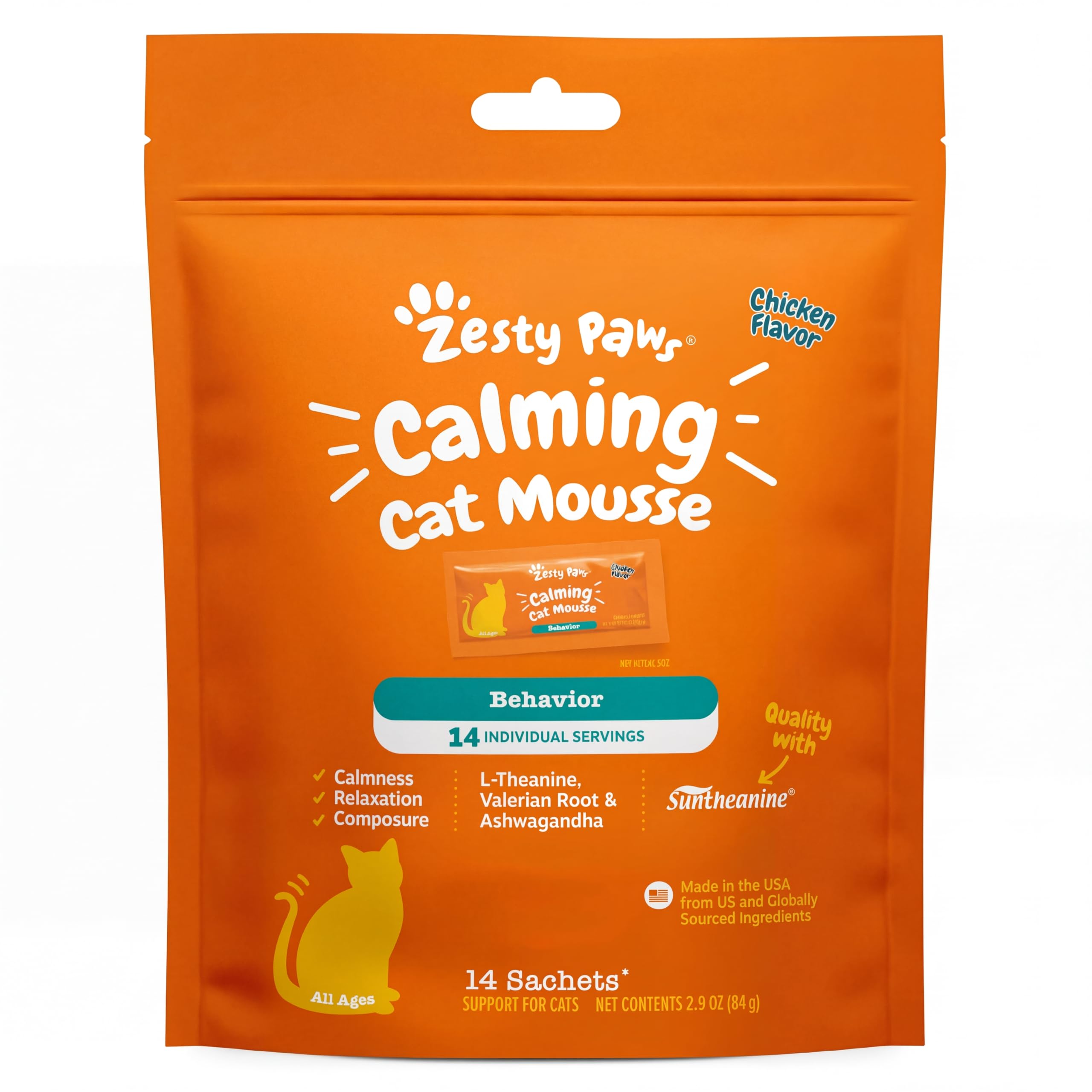 Zesty Paws Mousse Calmante para gatos, sabor a pollo, favorece la relajación diaria.