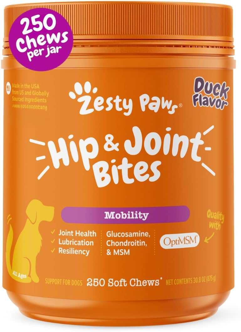 Zesty Paws para perros, empaque visible y soporte articular diario