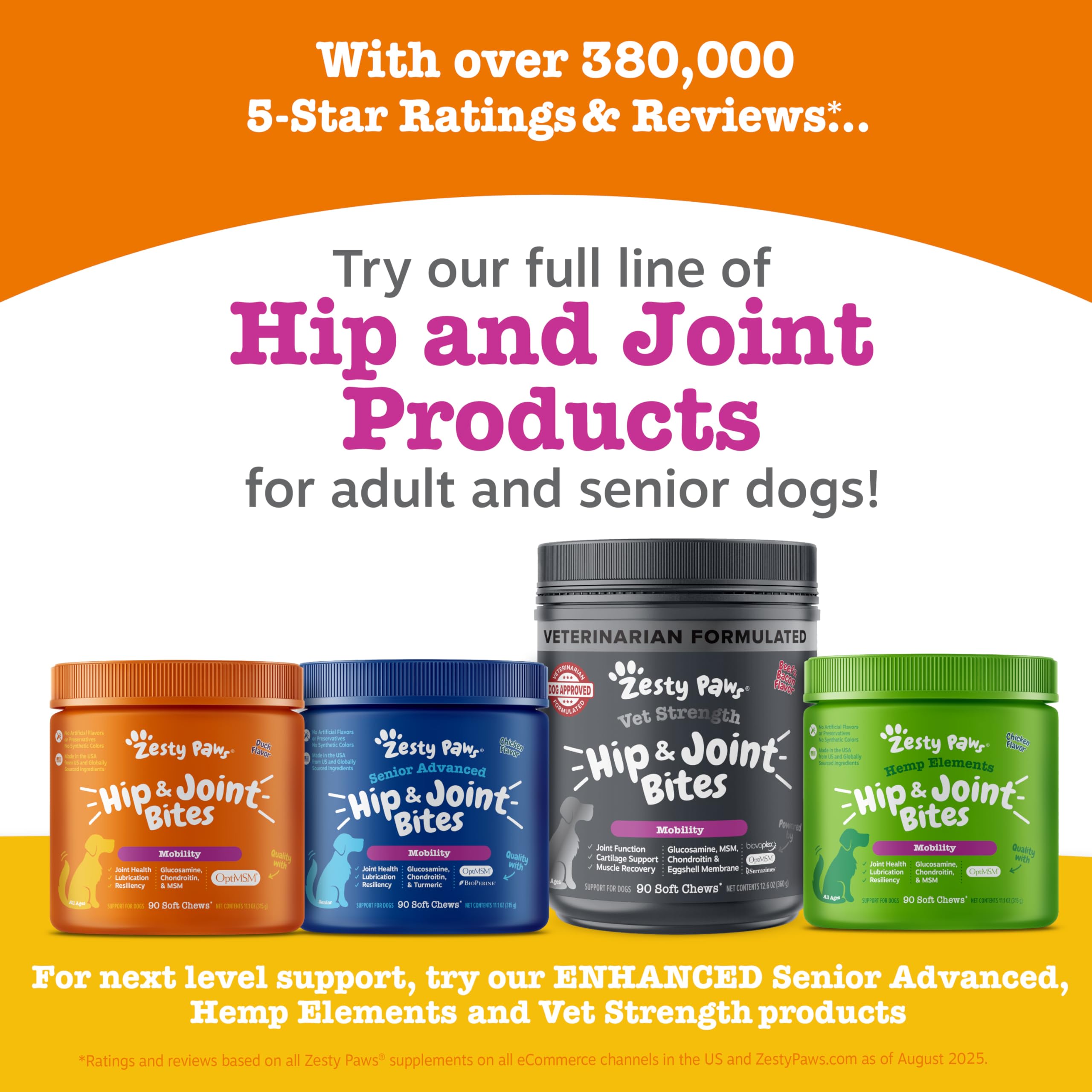 Envase de 90 unidades de bocados Zesty Paws para perros con sabor pato.