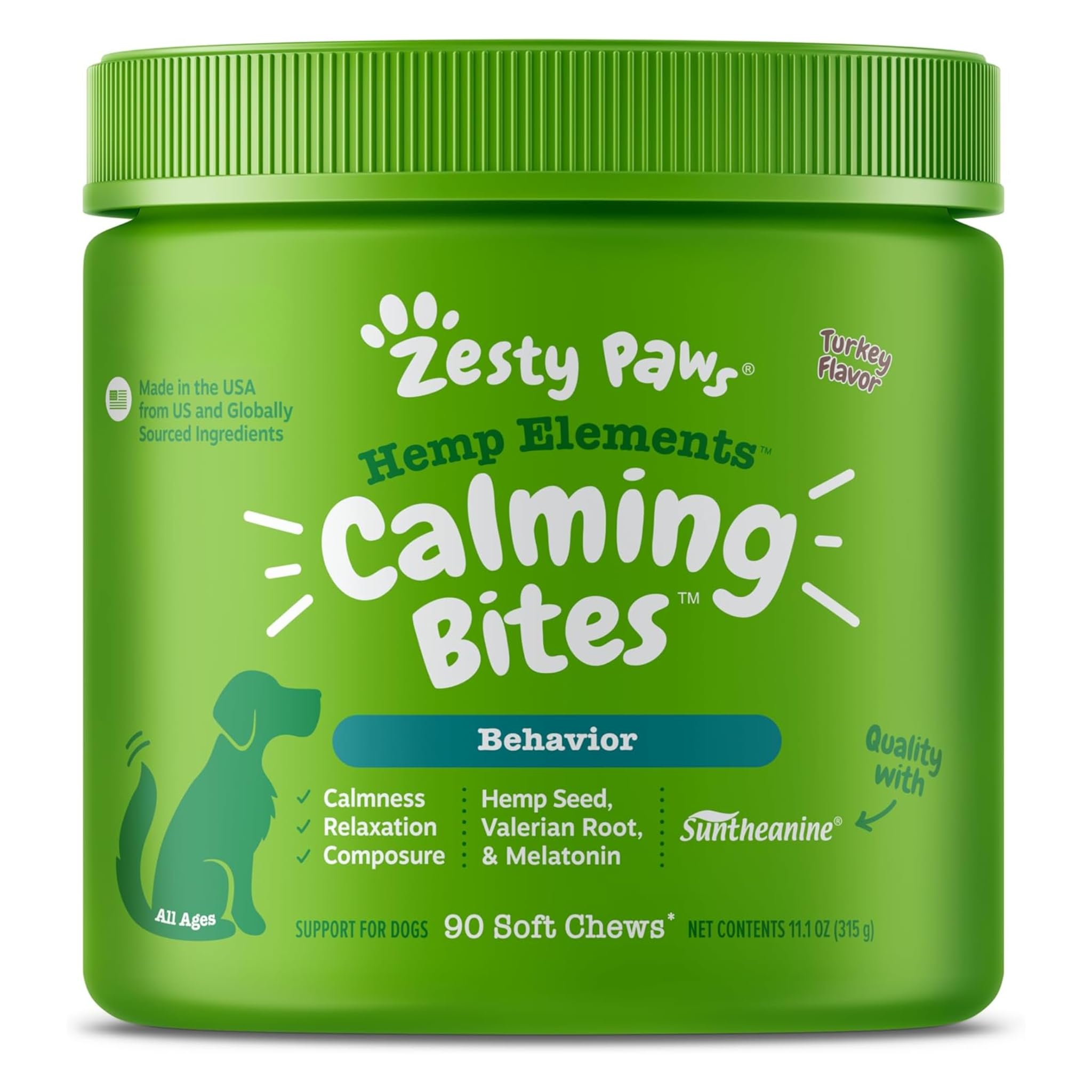 Frasco de Zesty Paws calmante para perros, facilita la calma diaria en momentos de estrés.