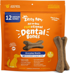 Zesty Paws Huesos Dentales: empaque práctico para perros medianos y uso diario.
