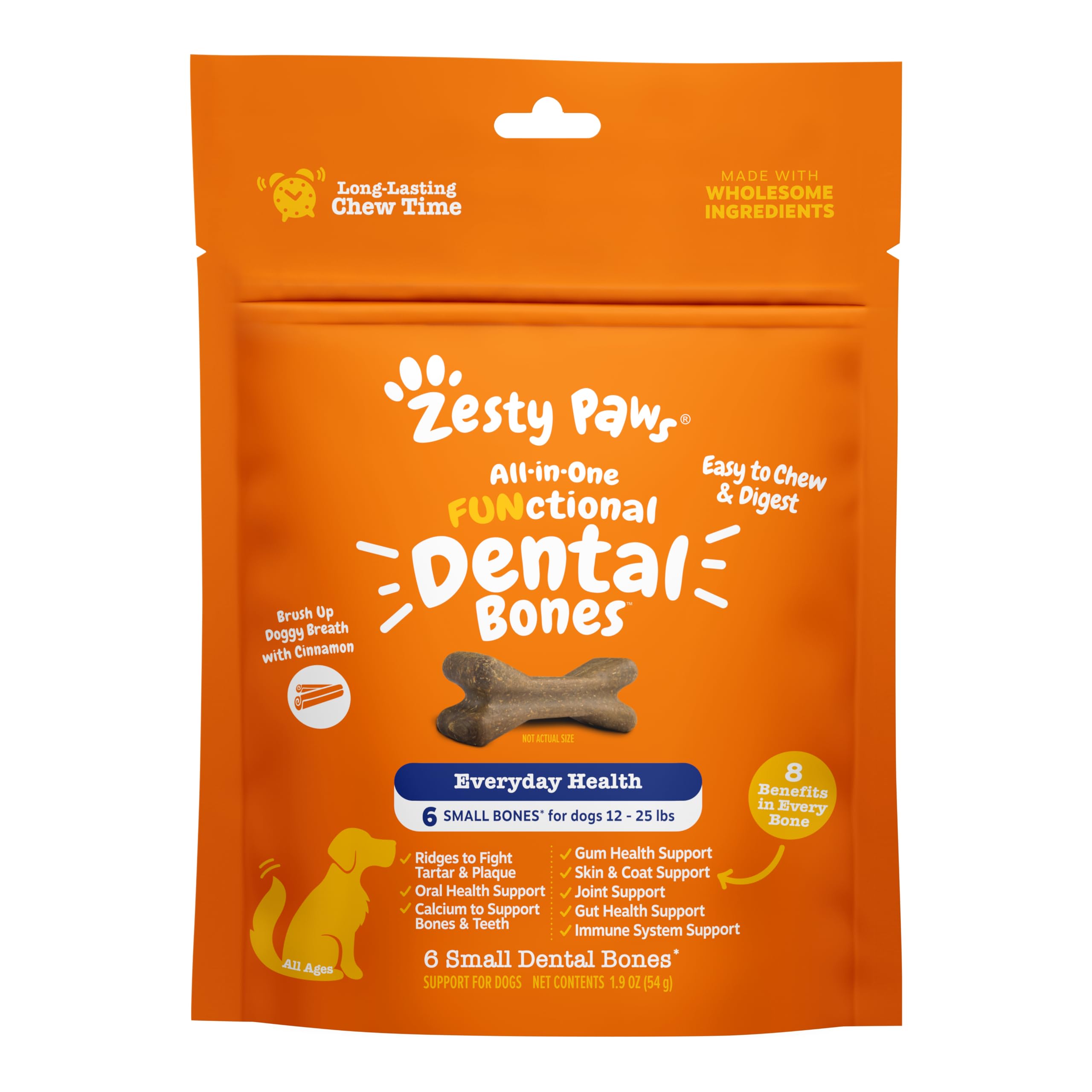 Zesty Paws Huesos dentales todo-en-uno para perros pequeños, apoyo a la higiene bucal diaria.
