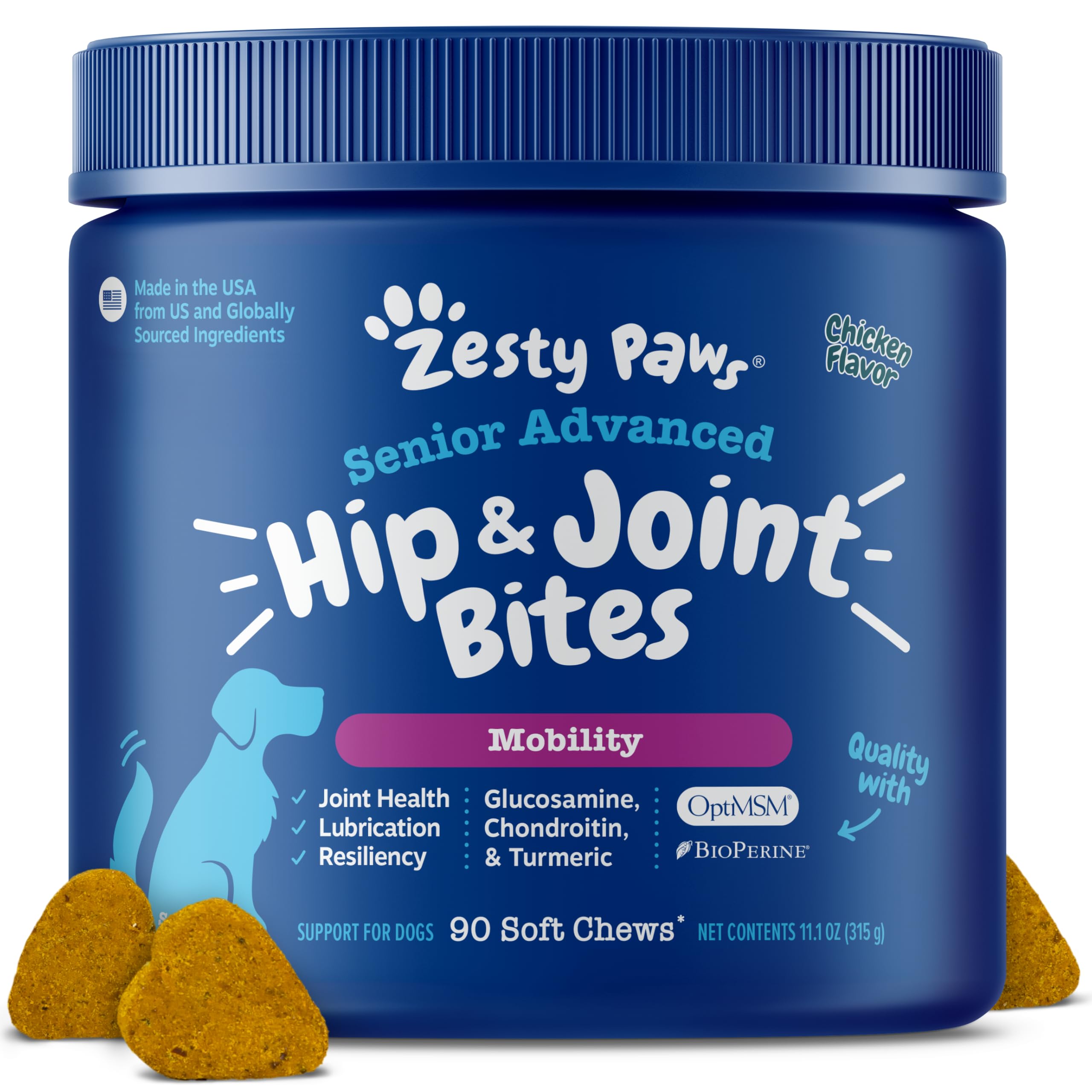 Zesty Paws Mobility Bites envase práctico para movilidad diaria de perros