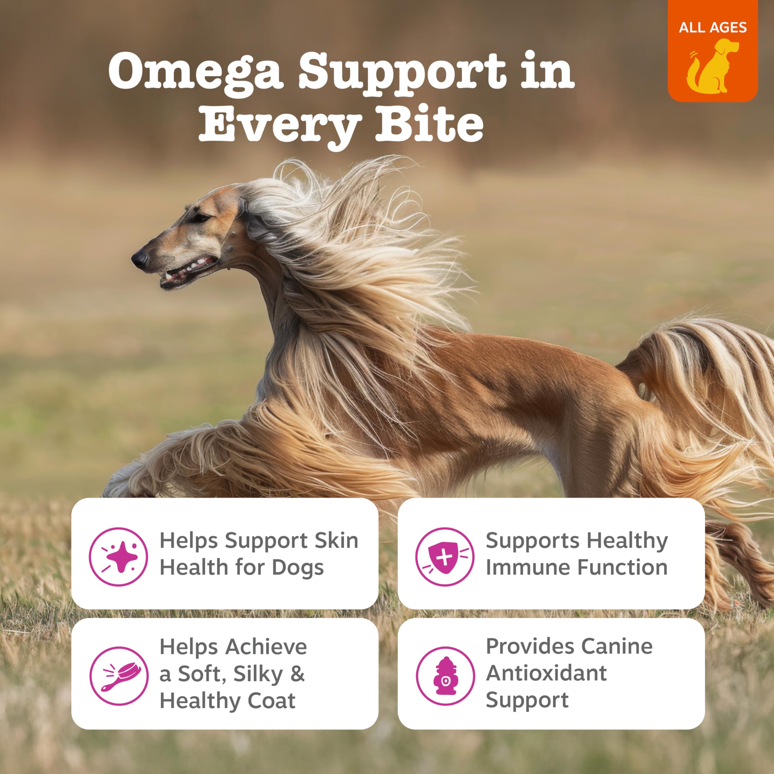 Zesty Paws Omega-3 para perros, masticables sabor pollo para pelaje sano