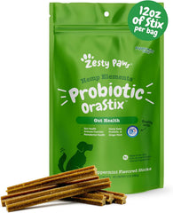 OraStix para perros de Zesty Paws, bastones probióticos para soporte intestinal y dental.
