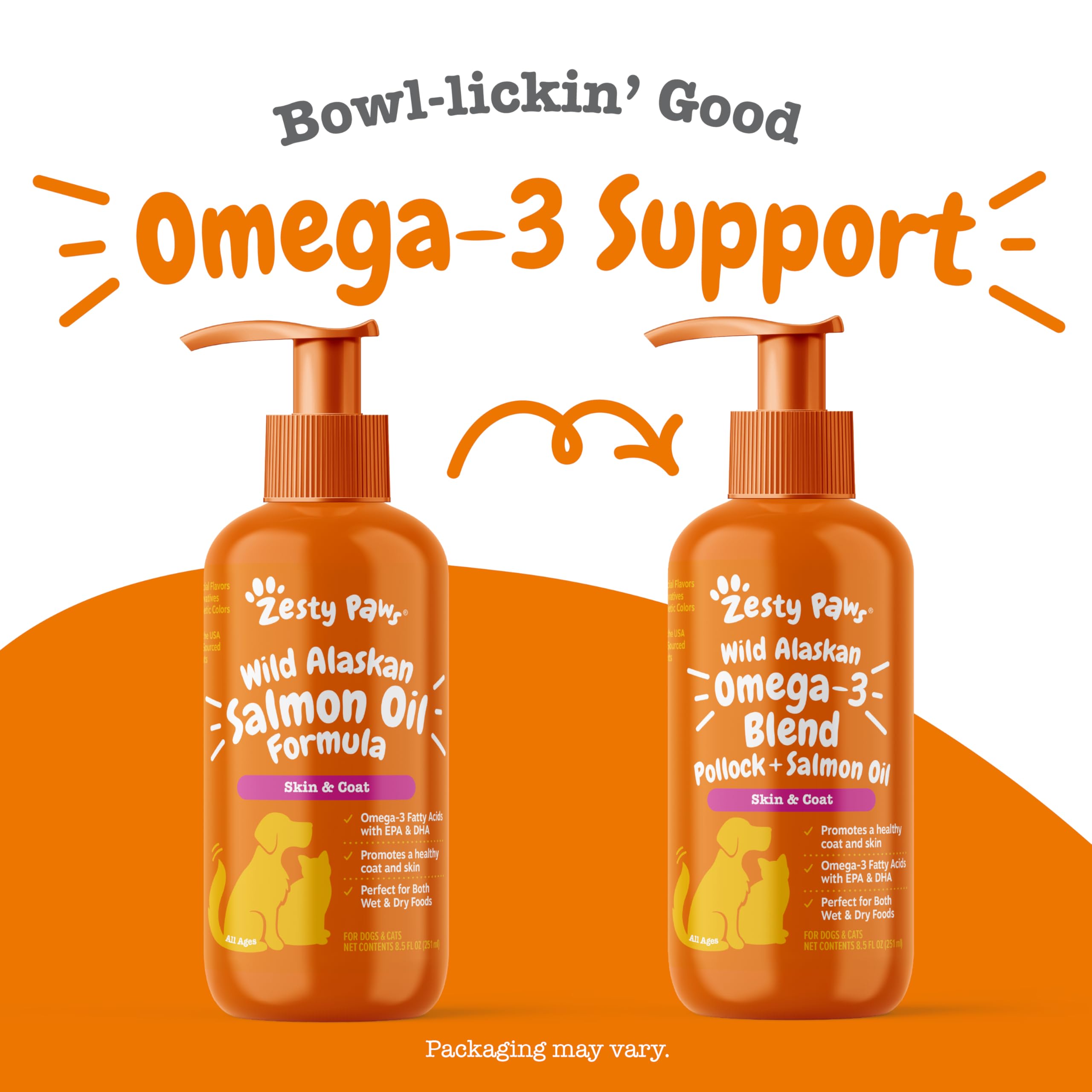 Perro y gato consumiendo alimento con suplemento omega-3 de Zesty Paws.