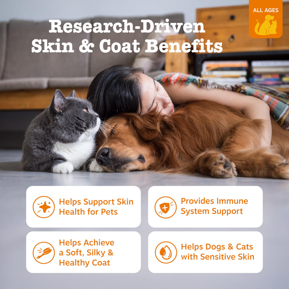 Zesty Paws Pollock-Salmon Oil, etiqueta de ingredientes destacando calidad y origen.
