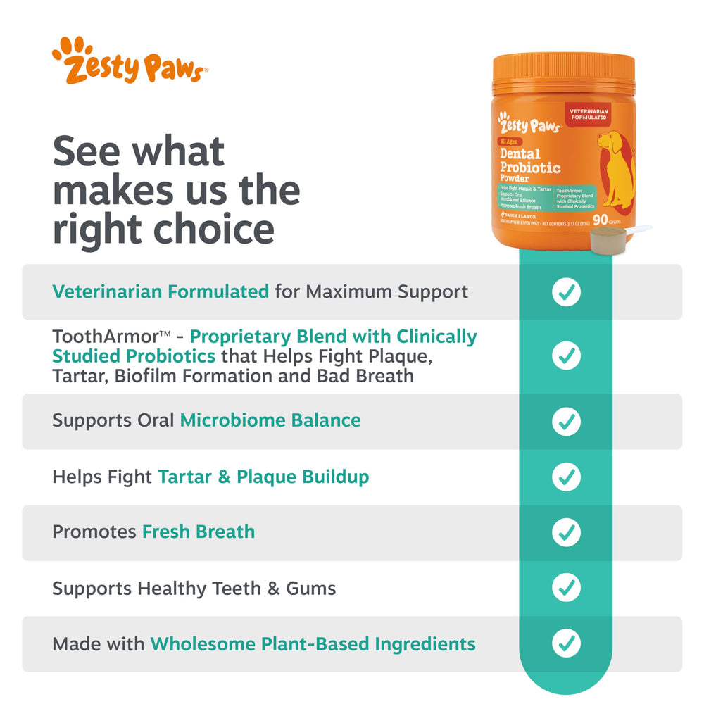 Zesty Paws Polvo Probiotico Dental para Perros equilibrio del microbioma oral.