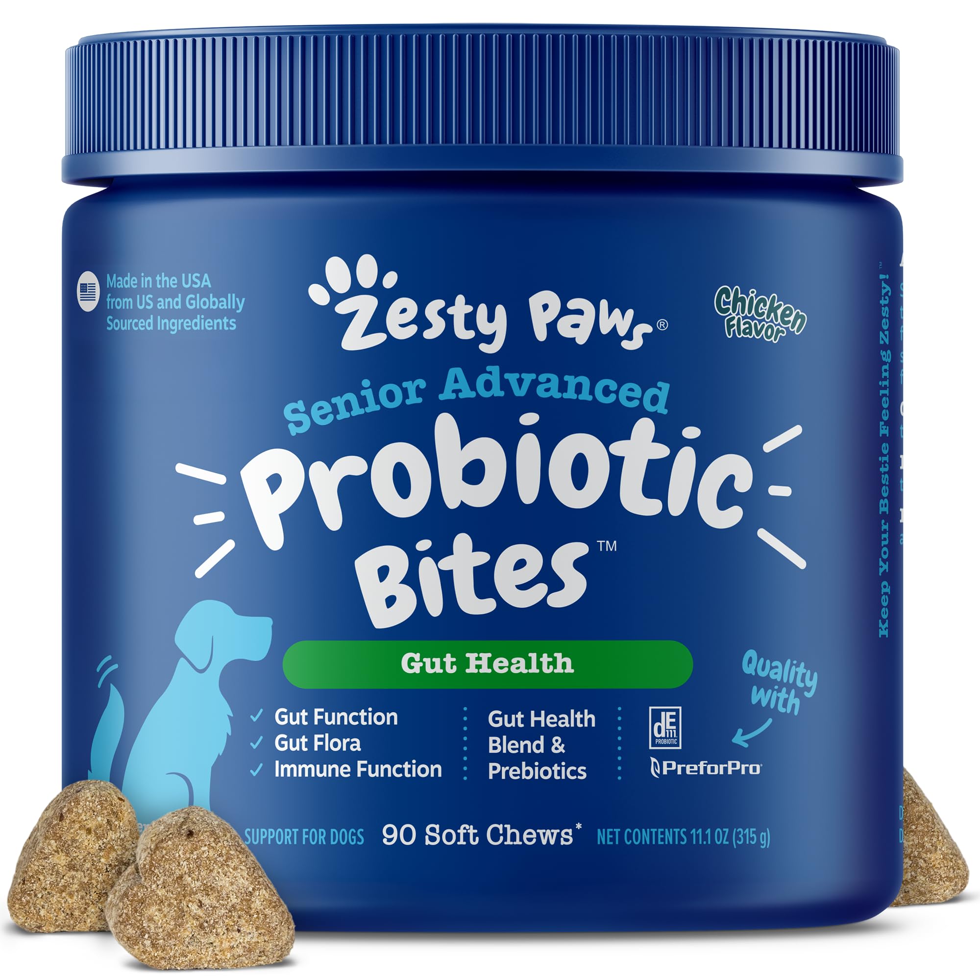 Zesty Paws Probiotics para perros, botella de bocaditos sabor pollo para apoyo digestivo