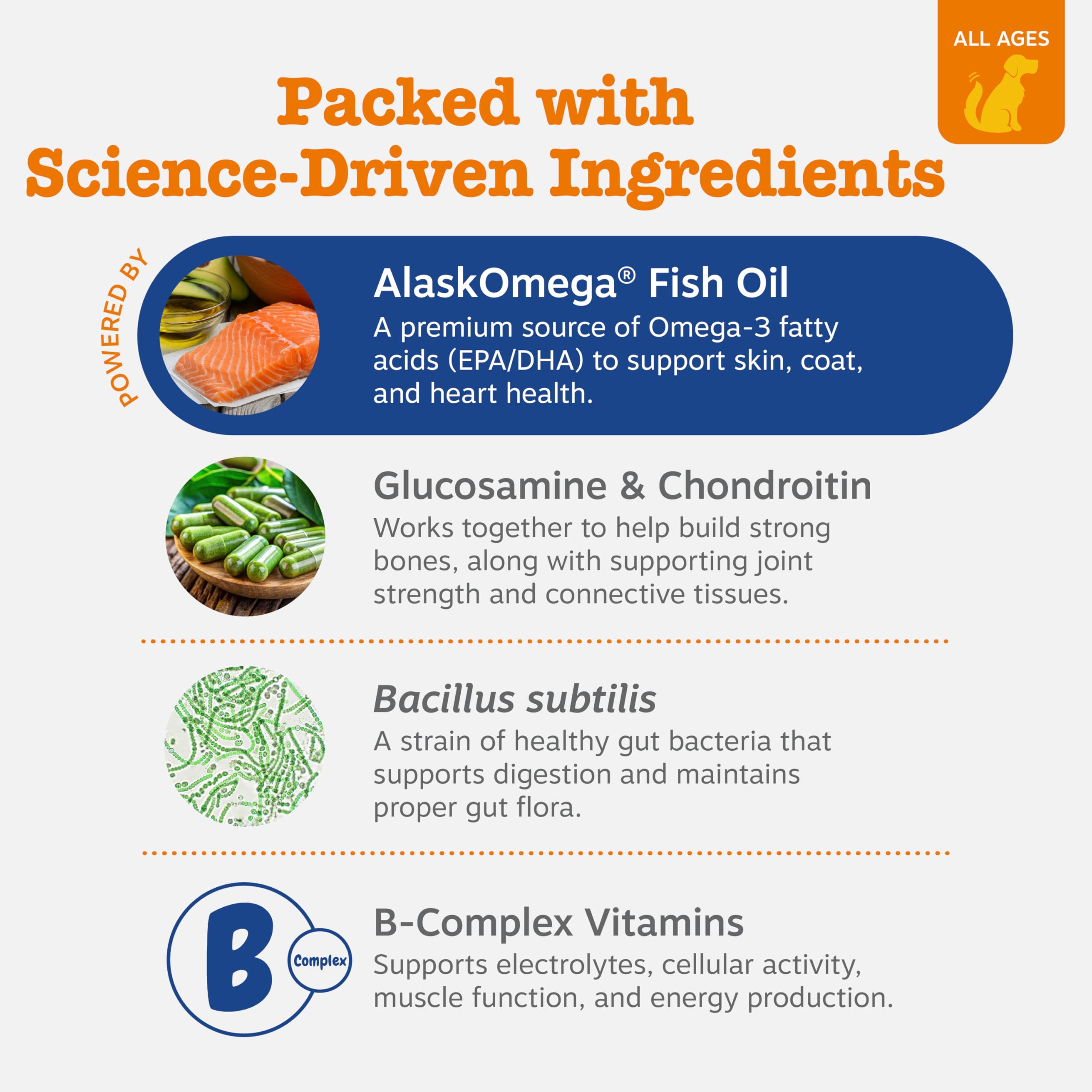 Probióticos y enzimas digestivas Zesty Paws para equilibrio intestinal.