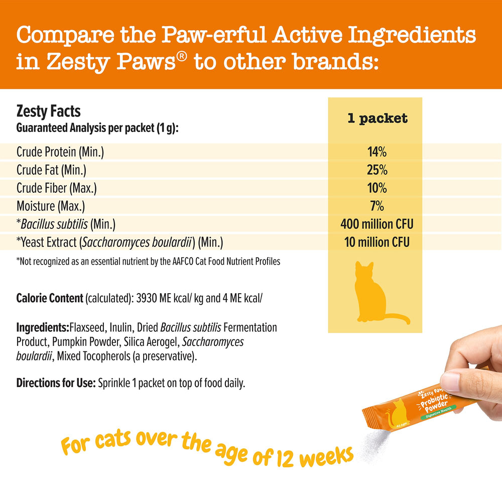 Zesty Paws probióticos para gatos, cuchara medidora incluida para porciones precisas.