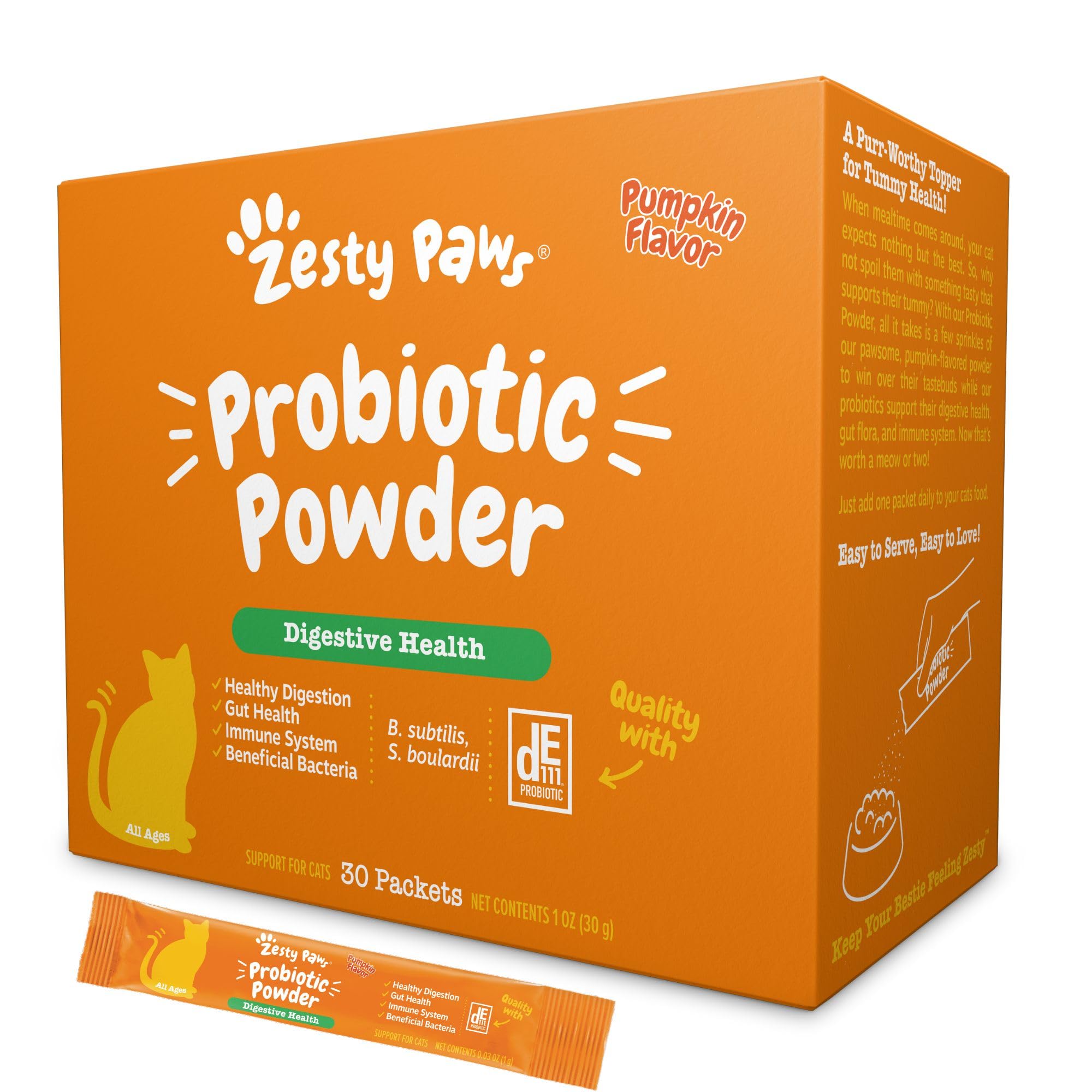 Zesty Paws probióticos para gatos, polvo topper, favorece la digestión al mezclar con comida.