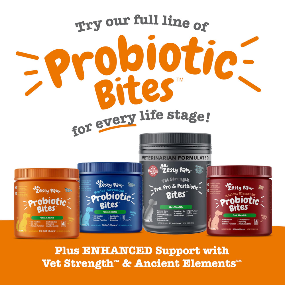 Zesty Paws Probioticos, apto para todas las razas y tamaños.