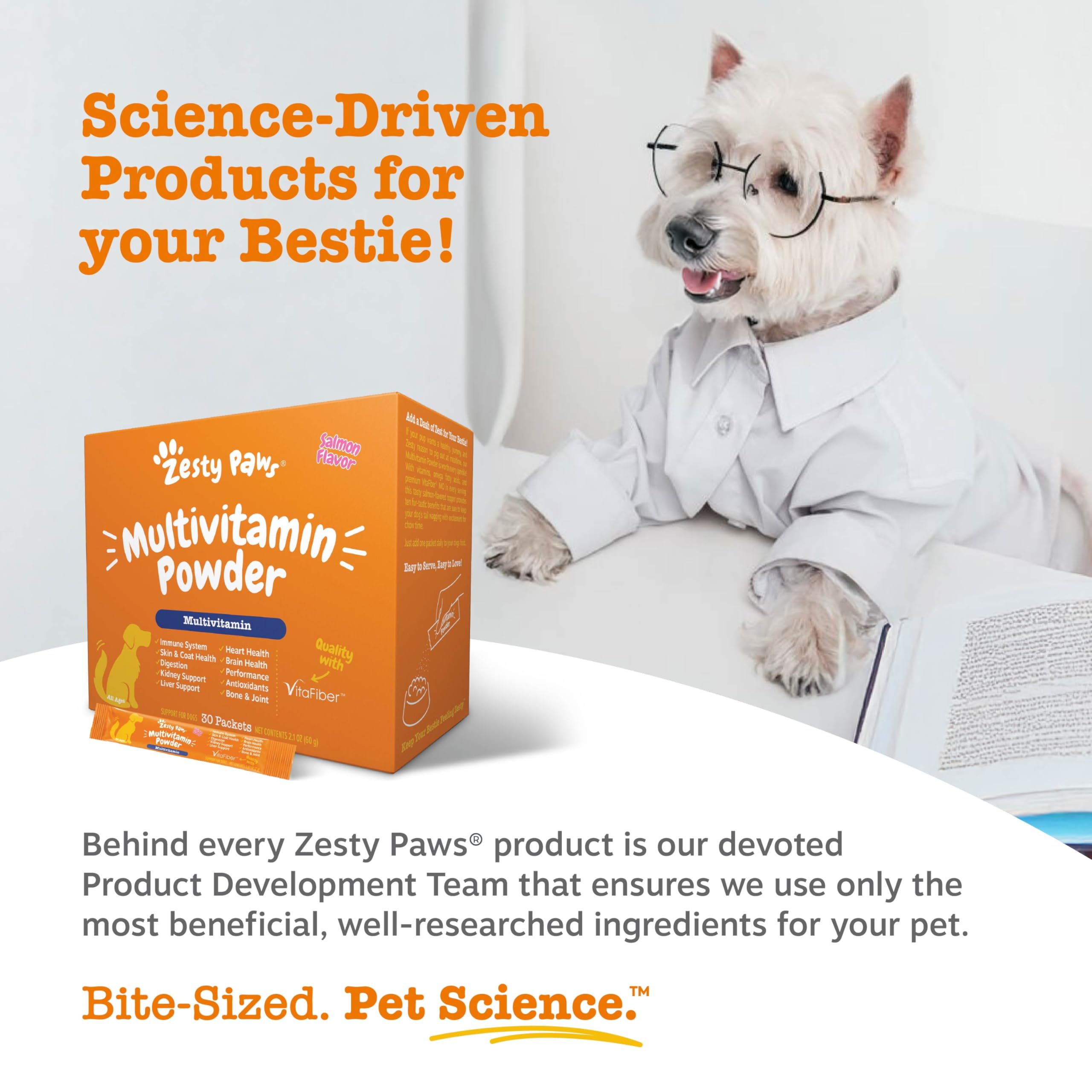 Zesty Paws, polvo con sabor a salmón, mezcla fácil en comida.