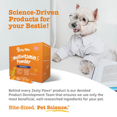 Zesty Paws, polvo con sabor a salmón, mezcla fácil en comida.