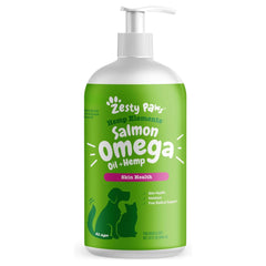 Zesty Paws Salmon Omega Oil en botella con gotero para apoyar la salud de la piel.