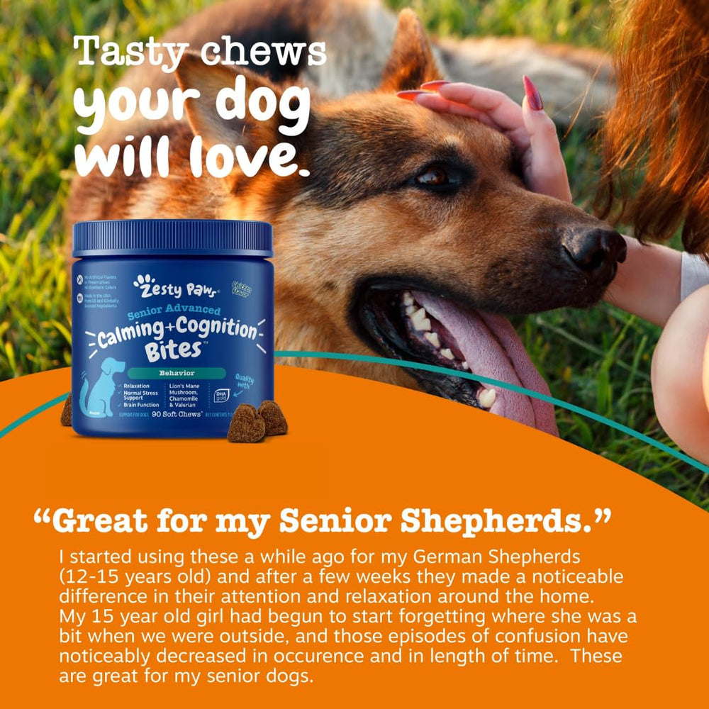 Zesty Paws Senior Calming Cognition: Ashwagandha Sensoril para manejar el estrés