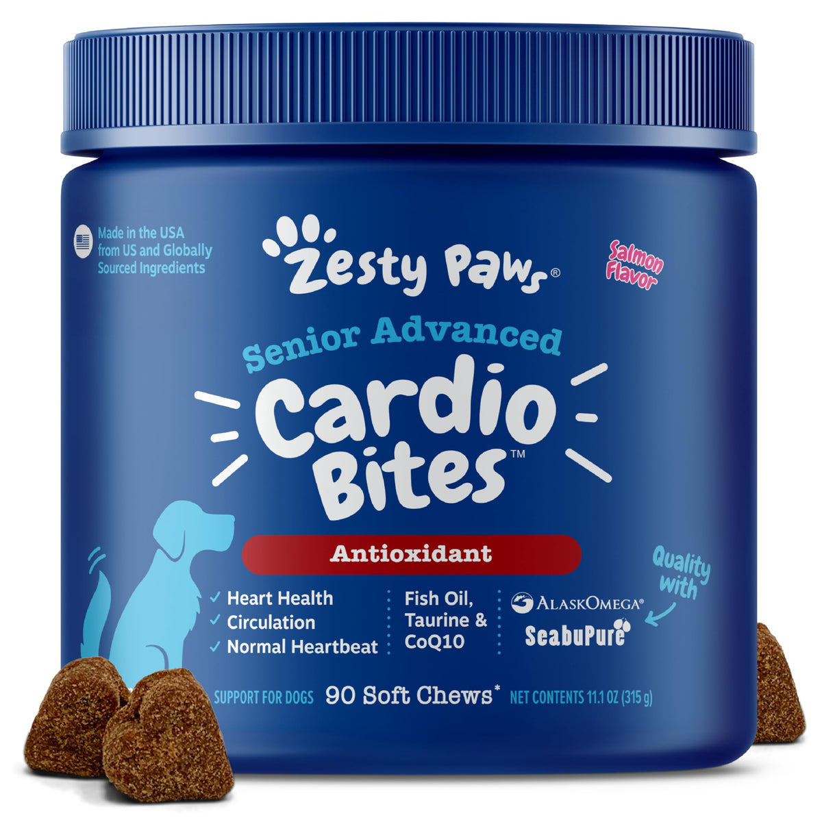 Zesty Paws Cardiovascular Senior, empaque, posible apoyo a la salud cardíaca de perros adultos.