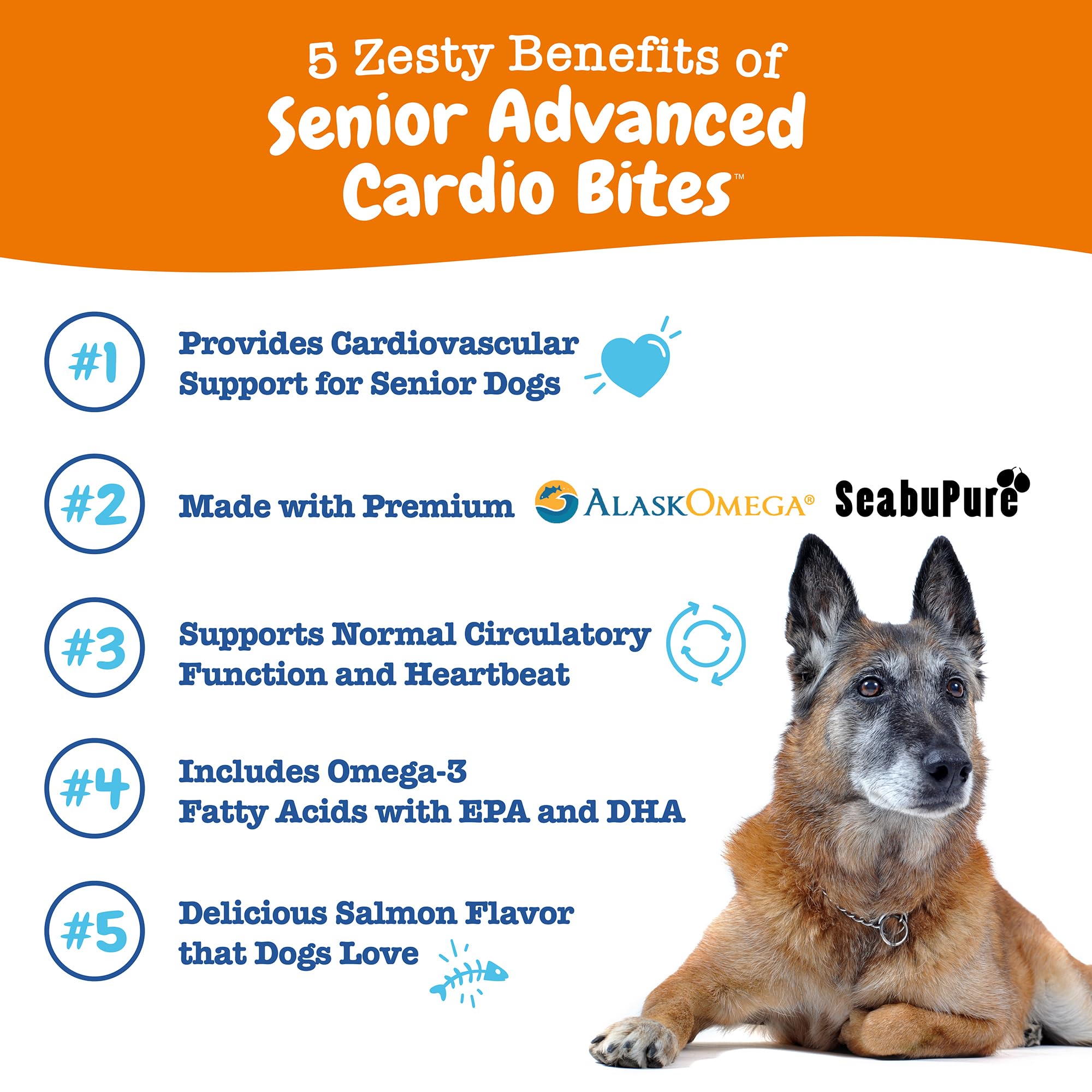 Zesty Paws Cardiovascular Senior, frente del producto, gomitas suaves con sabor agradable.