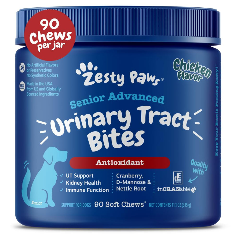 Zesty Paws Senior Cranberry, botella; soporte urinario para perros mayores.