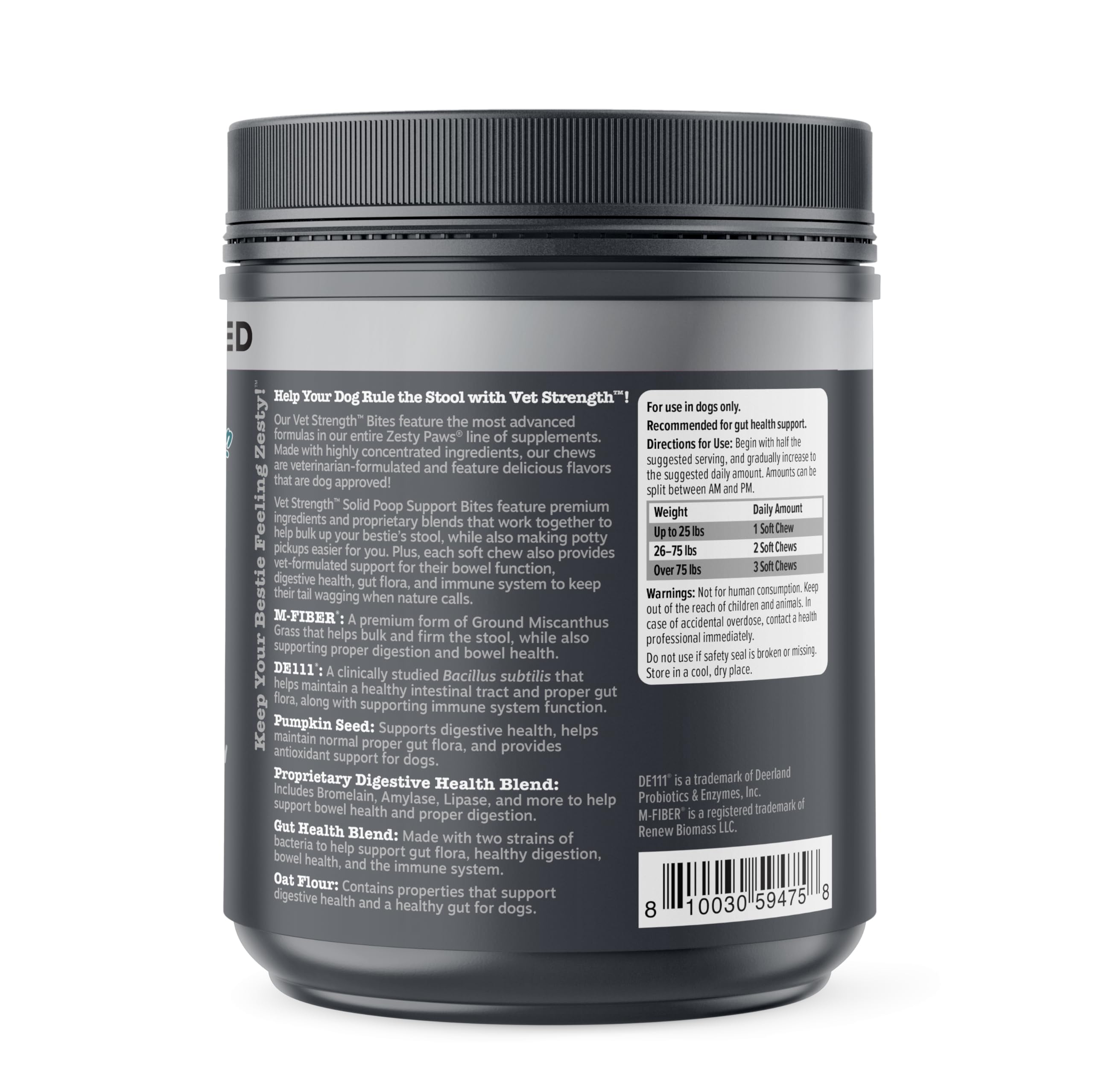 Zesty Paws Solid Poop Support Bites uso diario en la rutina canina.