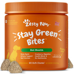 Zesty Paws Stay Green Bites, empaque del producto, apoyo diario a la salud digestiva del perro.