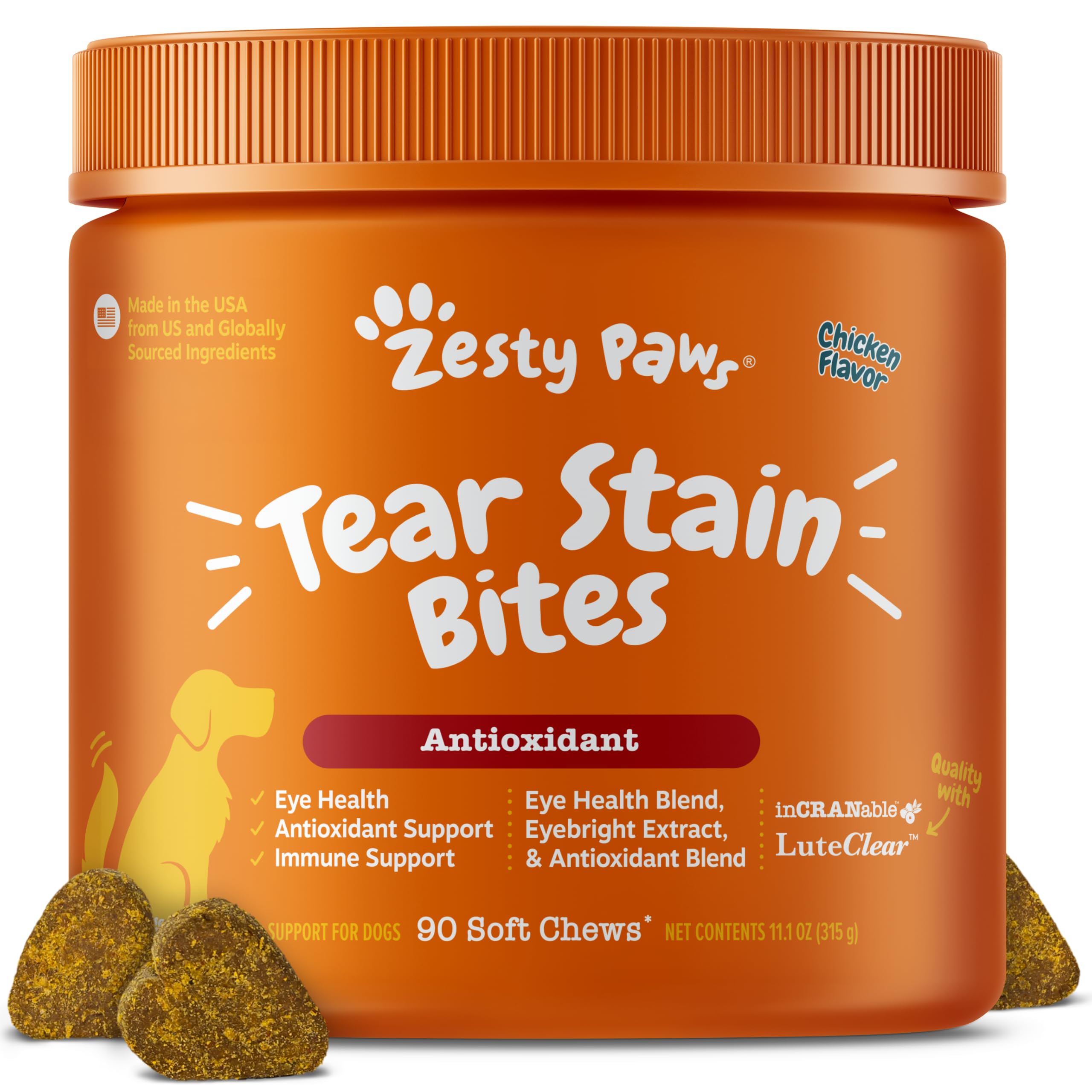 Gomitas de Zesty Paws Tear Stain Support en bote, sabor pollo, para apoyar la humedad ocular.