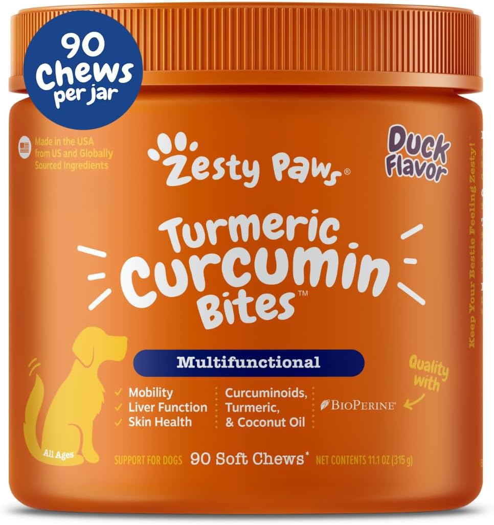 Zesty Paws Turmeric Curcumin para perros: empaque claro con beneficios para movilidad.
