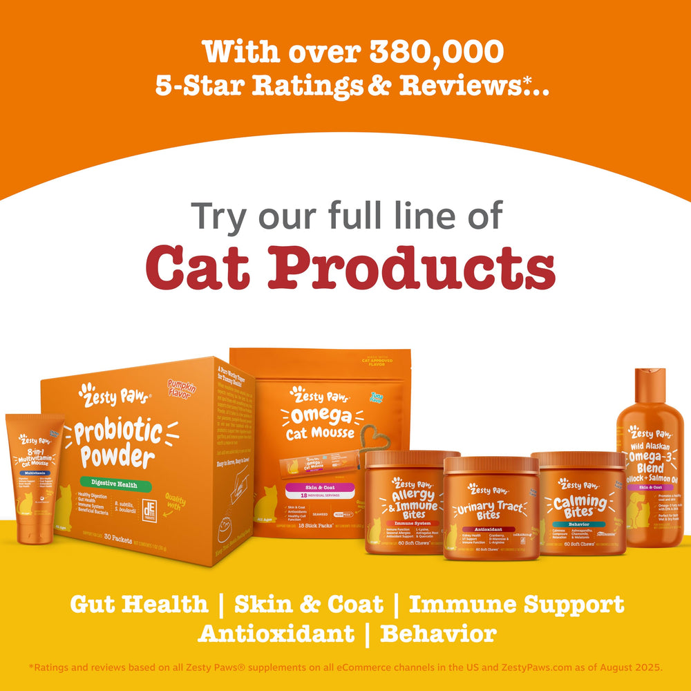 Uso diario de Zesty Paws con sabor tocino para el bienestar del gato