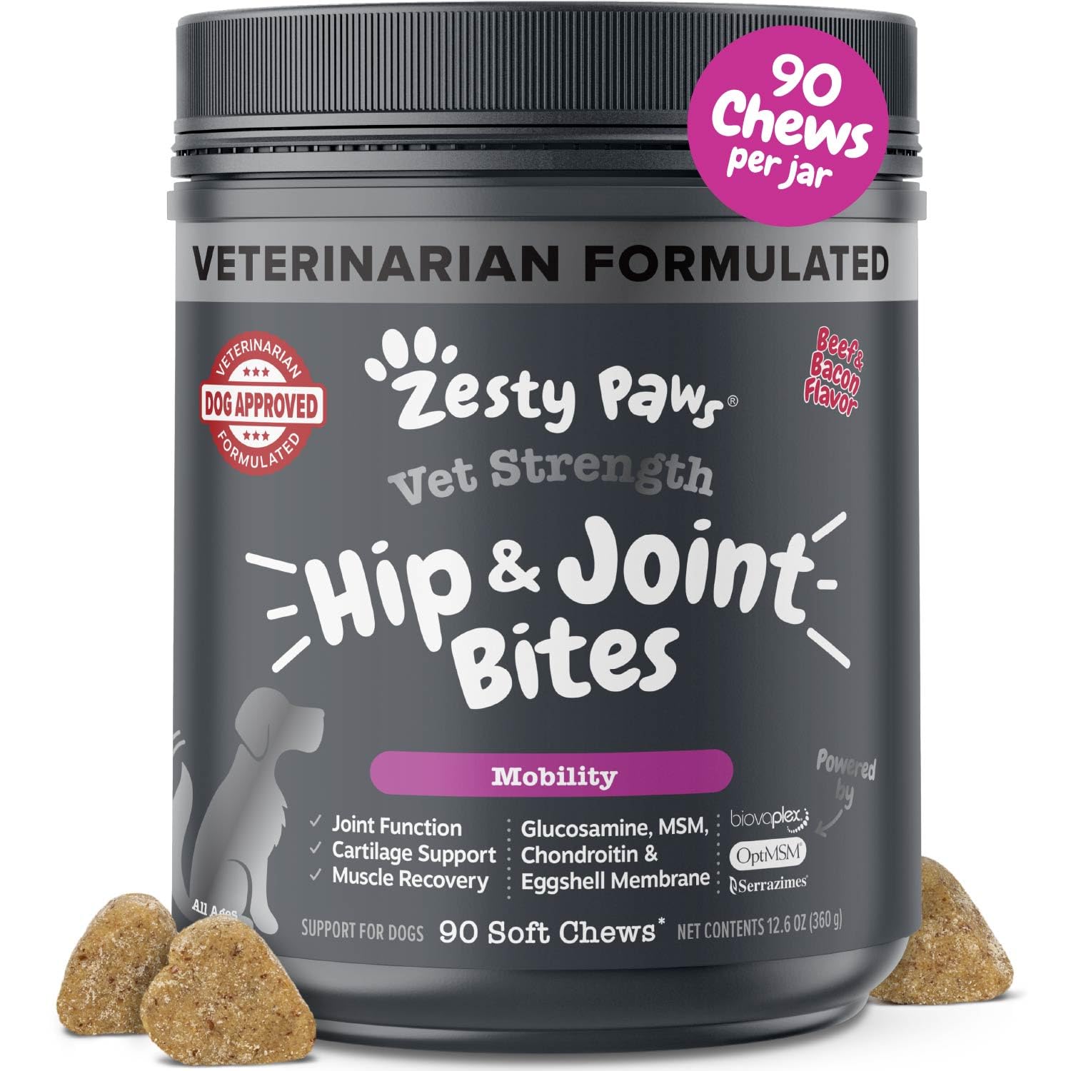 Envase frontal de Zesty Paws Vet Strength Mobility Bites para fácil dosificación en perros