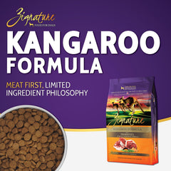 Zignature canguro, croquetas en primer plano, baja grasa y Omega-3.