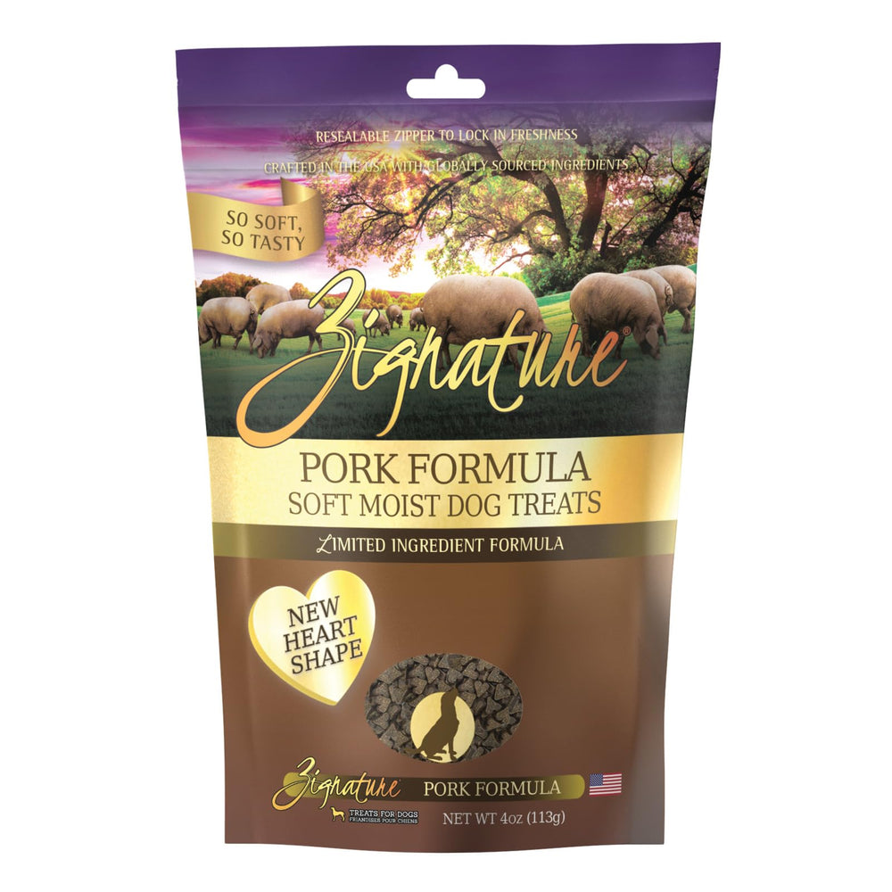 Zignature cerdo, envase visible, snack sabroso para perros