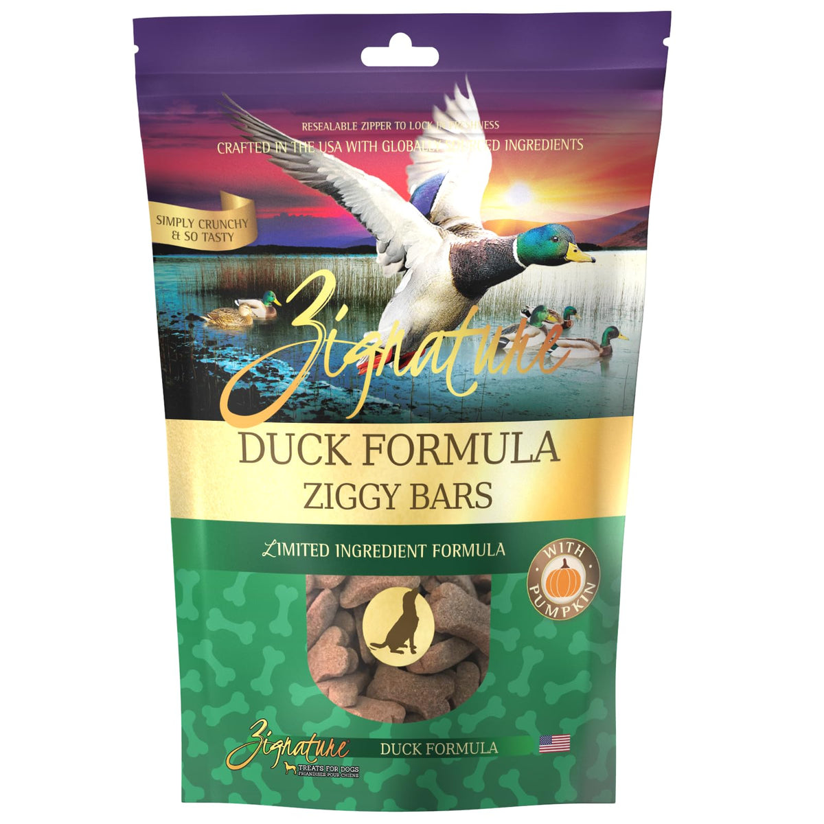 Zignature pato galletas, vista de empaque con ingredientes limitados.