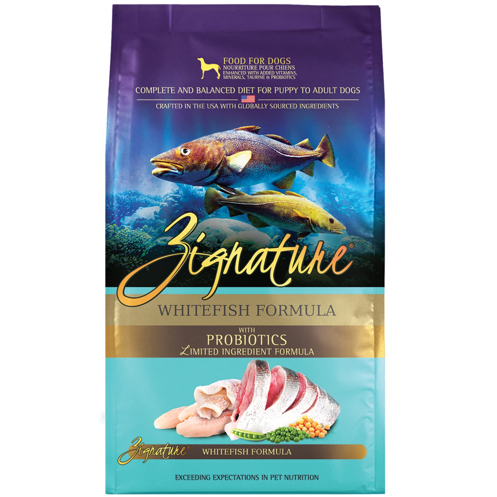 Zignature, fórmula con pescado blanco, bolsa de 4lb para dieta de proteína limitada.