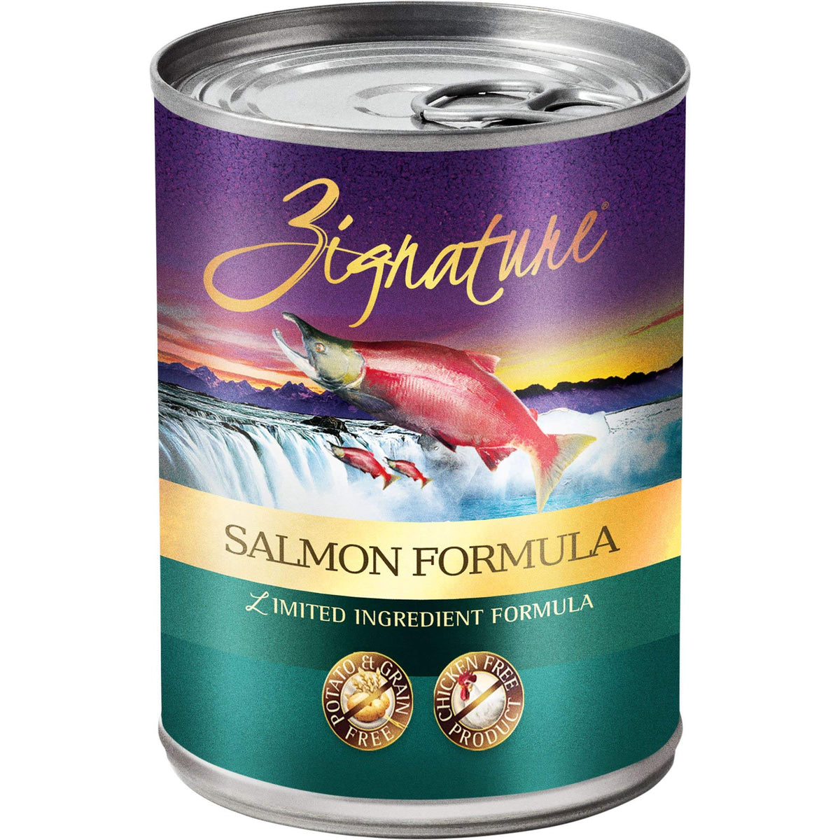Zignature Fórmula de Salmón, lata de 13 oz, palatabilidad elevada para perros.