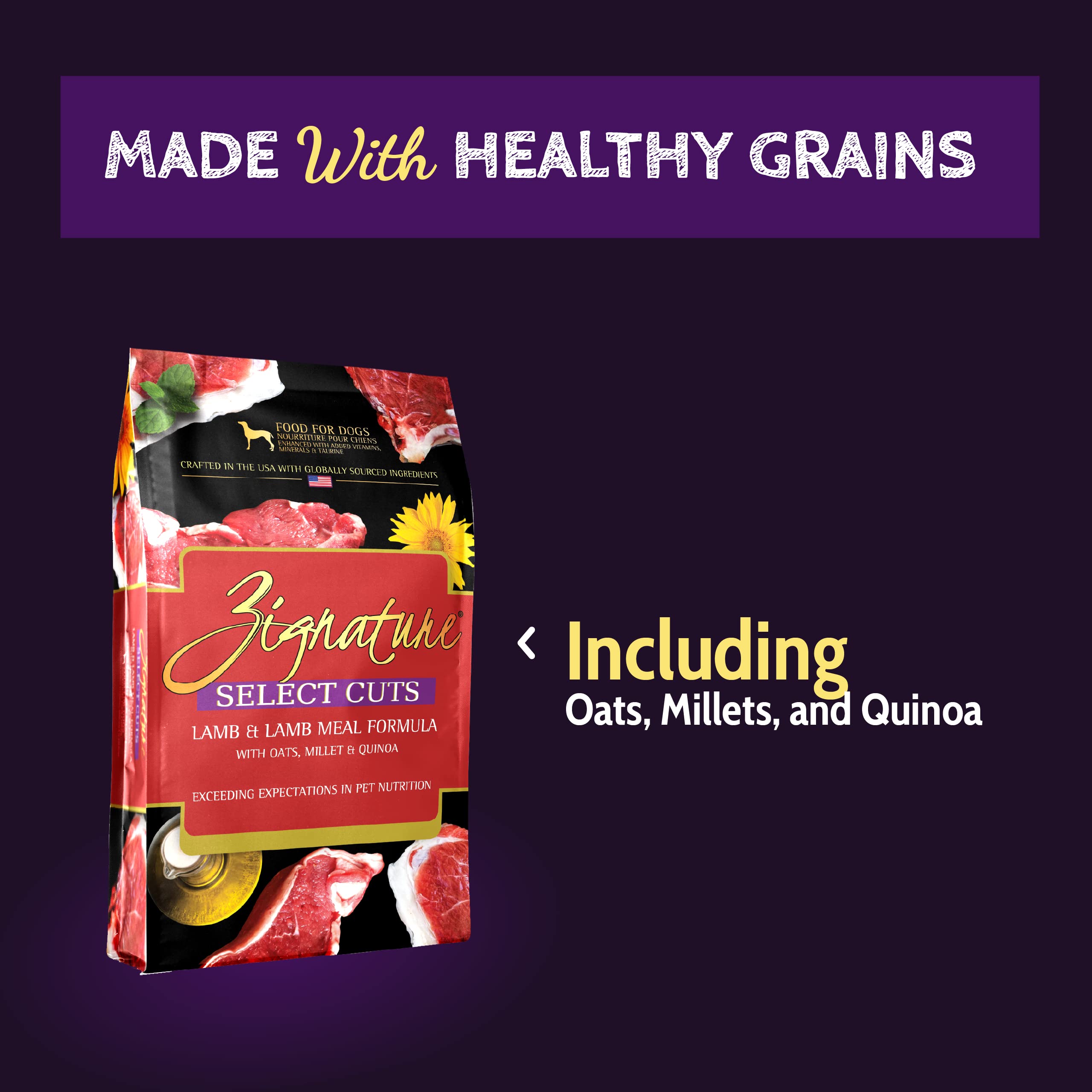 Zignature Selección de Cortes Cordero: bajo en grasa y rico en vitamina B12 para energía diaria.