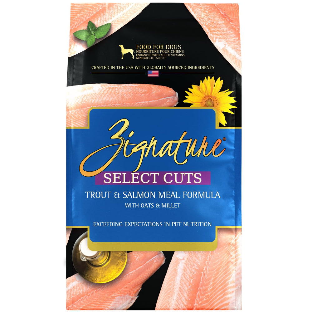 Zignature Select Cuts Cordero Formula empaque visible para perros activos