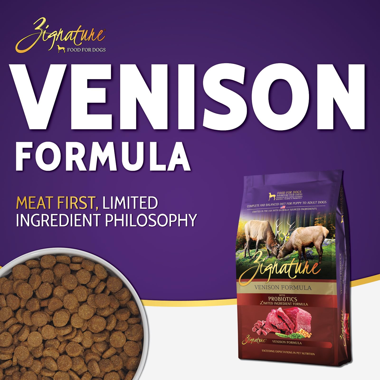 Zignature Venison: bol de croquetas con venado, ideal para perros curiosos.