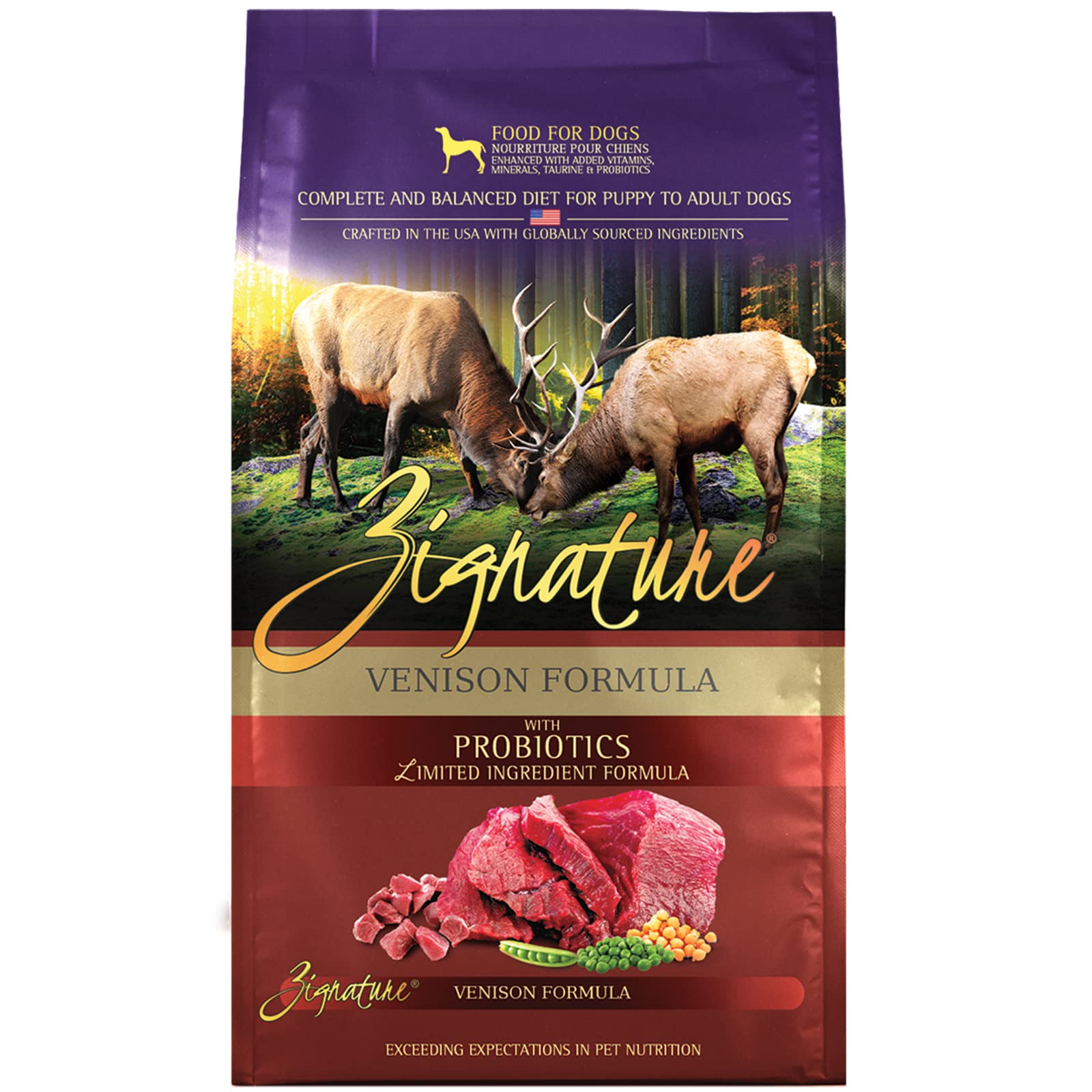 Zignature Venison: fórmula con venado y ingredientes principales para dieta limitada.