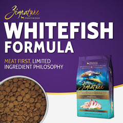 Zignature Whitefish, envase de 12,5 libras, opción práctica para planificar la alimentación.