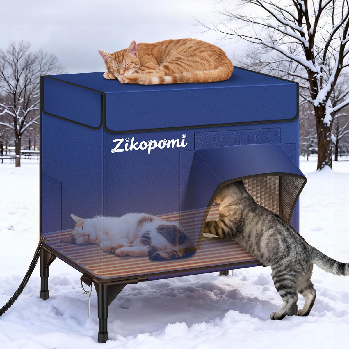 Zikopomi casa-gato-caliente-exterior ofrece refugio cálido para felinos al aire libre.