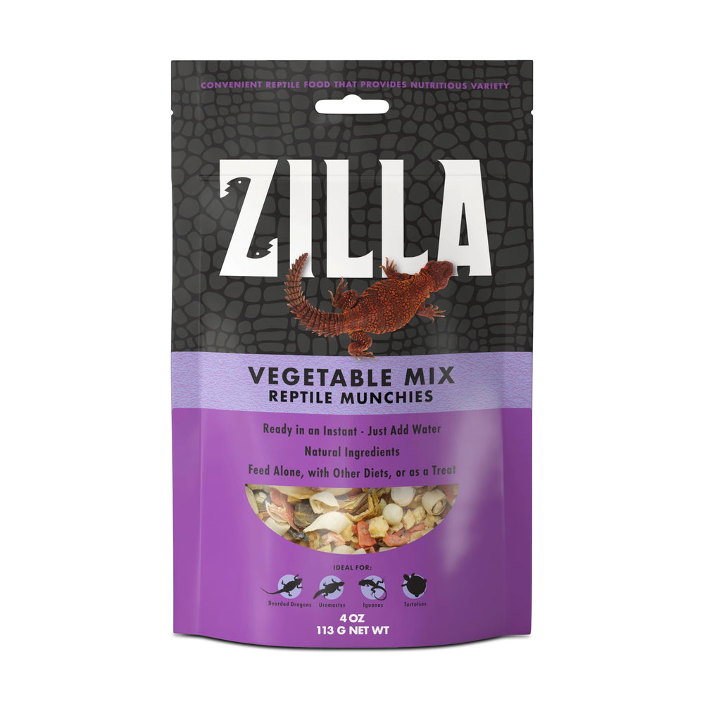 Zilla Reptile Munchies Mezcla vegetal en bolsa 4 onzas para almacenamiento cómodo.