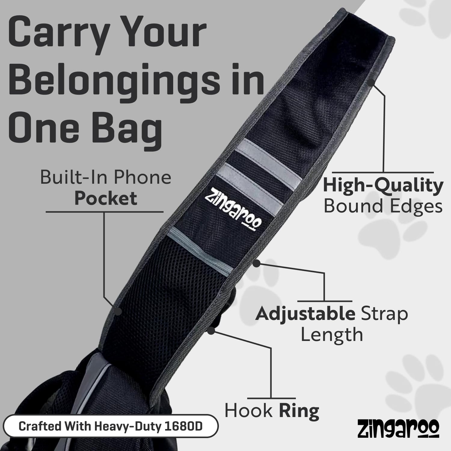 Zingaroo sling-mascota bolsillo para teléfono integrado para acceso rápido.