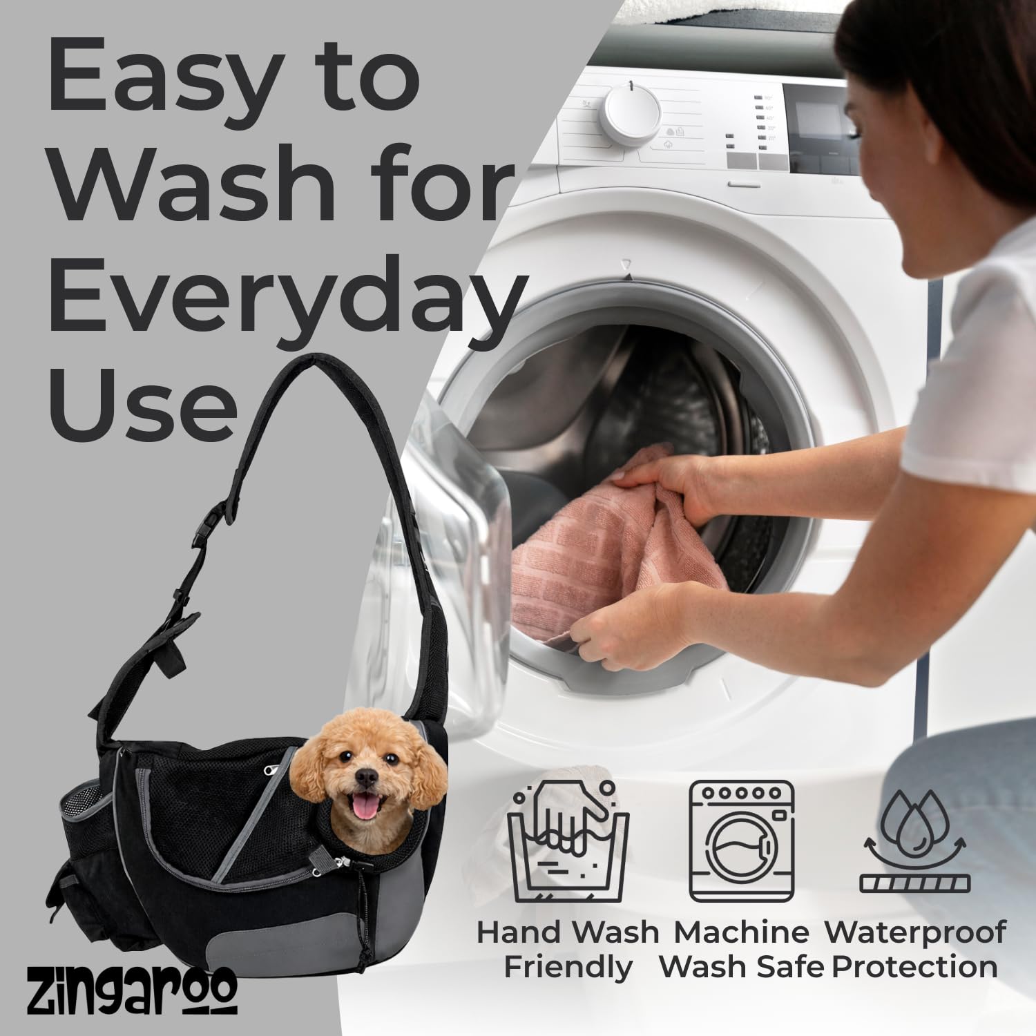Zingaroo sling-mascota lavado a máquina para limpieza rápida.